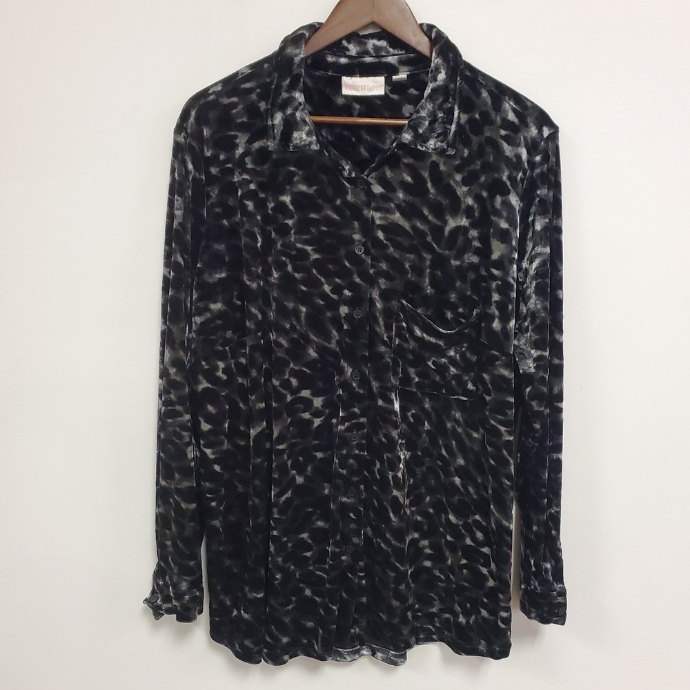 Belle Kim Gravel Womens Animal Print‎ Long Sleeve Button Up Velvet Top Size 1X